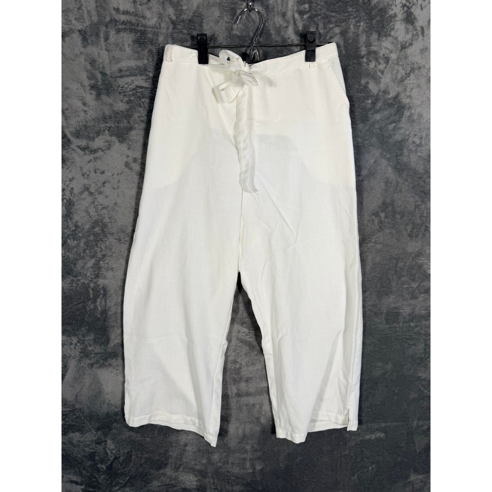 TravelSmith Womens L White Cropped Wide Leg Linen Blend Pants w/Drawstring Belt - Picture 3 of 6